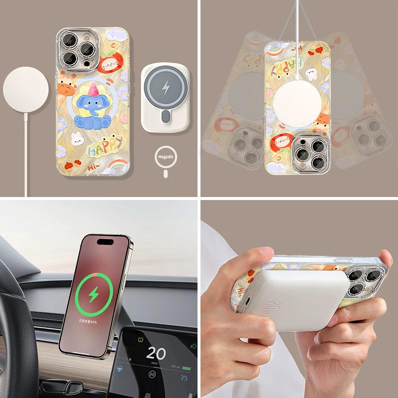 Cute Elephant Magnetic Stent for Apple 16promax Mobile Phone Case 15 Fine Hole Feather Yarn 13 Women's 14 Hard