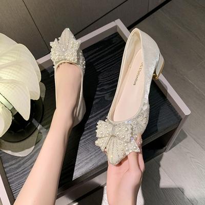 Fashion Single Shoes 2024 Light Mouth Bow with Skirt Pearl Low Heel Thick Heel Fairy Shoes Pointed Single Shoes Female