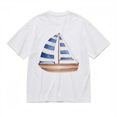 T-shirt Classica alla Moda Comoda da Uomo Design Barca a Vela Blu e Bianca Tee USA