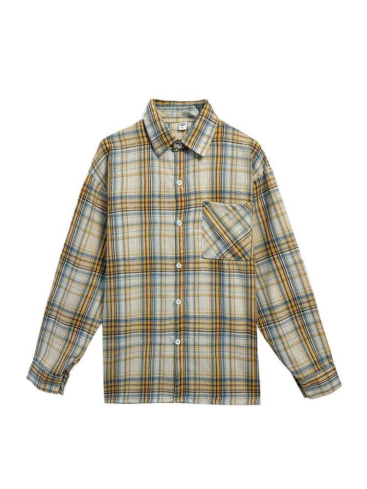 

Унисекс Рубашка с длинным рукавом в клетку в стиле ретро - Повседневная свободная посадка XL жёлтый