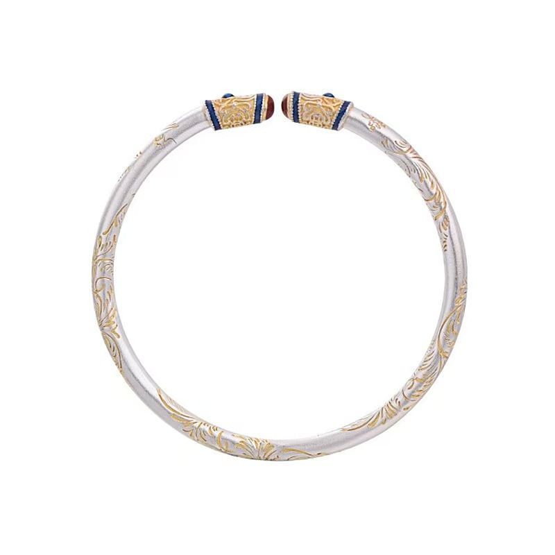 New Tang grass pattern couple bracelet silver-plated roll grass pattern enamel painted gold solid bracelet New Chinese Qixi Festival gift