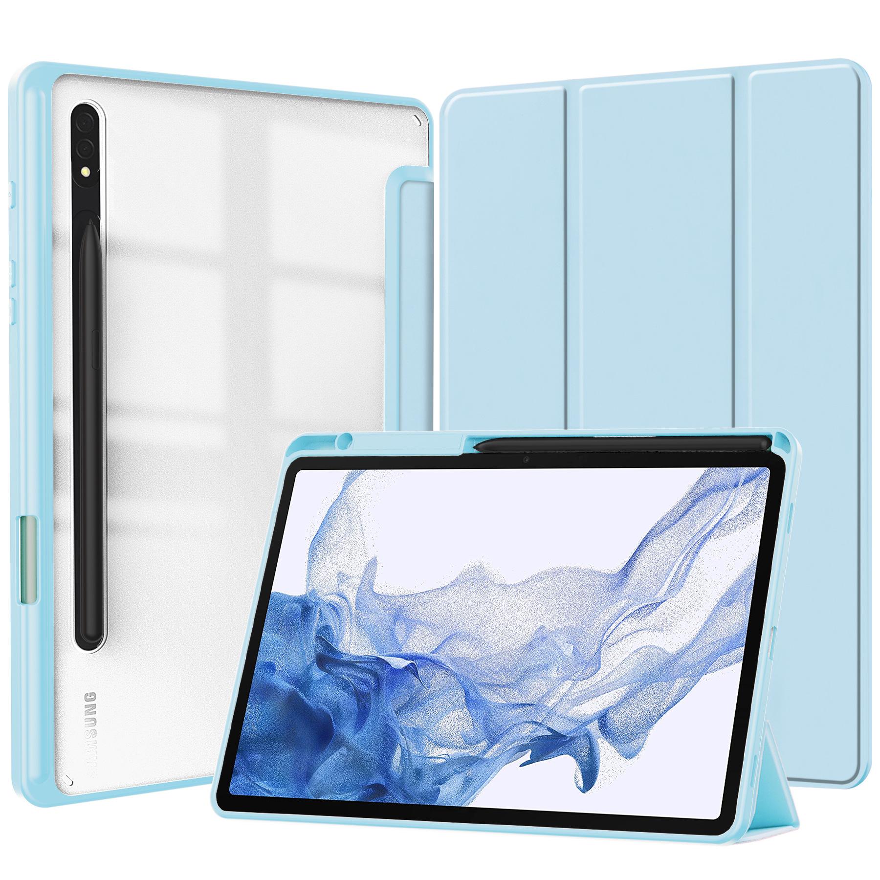 

Совместим с Samsung galaxy S6 lite galaxy S7 S8 S9 A9 plus Чехол для планшета Акриловый Прозрачный Трехскладной Противоударный Кожаный Чехол For S9 S9FE небесно-голубой