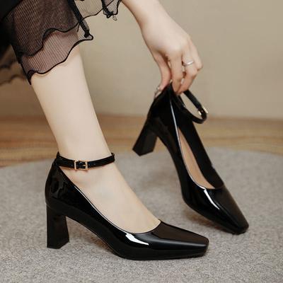 Red One-word Buckle High Heels Thick Heel Sexy New Black Temperament Shoes Square Head High Heel Single Shoes