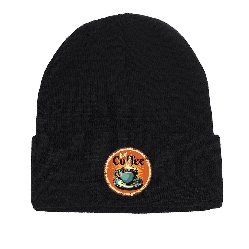 COFFEE Series Print Knitted Cap Beanie, Slouchy Leisure Knit Hat Beanie