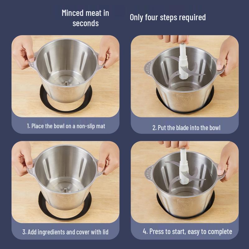 

Han Jia Ou Si Automatic High-Power Commercial Meat Grinder & Electric Food Processor 2L Stainless Steel Bowl (Single Blade)