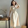 European & American Summer Lapel Short Sleeve Slim Long Dress with Multi-button Closure