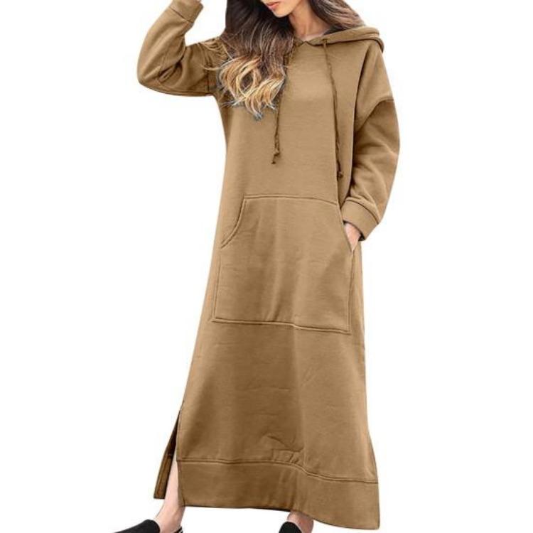 Women Sweatshirt Dress Hooded Solid Color Long Sleeve Front Drawstring Autumn Winter
