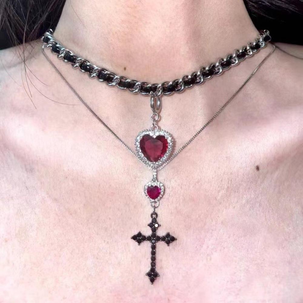 Punk Grunge Red Heart Crystal Cross Pendant Double Layer Silver Color Chain Necklace for Women Gothic Y2k Aesthetic Jewelry Gift