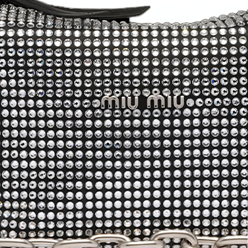 Miu Miu Miu Spirit Faux Crystal Decor Detachable Chain Satin Shoulder Tote Bag Women handbags Black 5BC103-2D5H-F0002-V-OOO