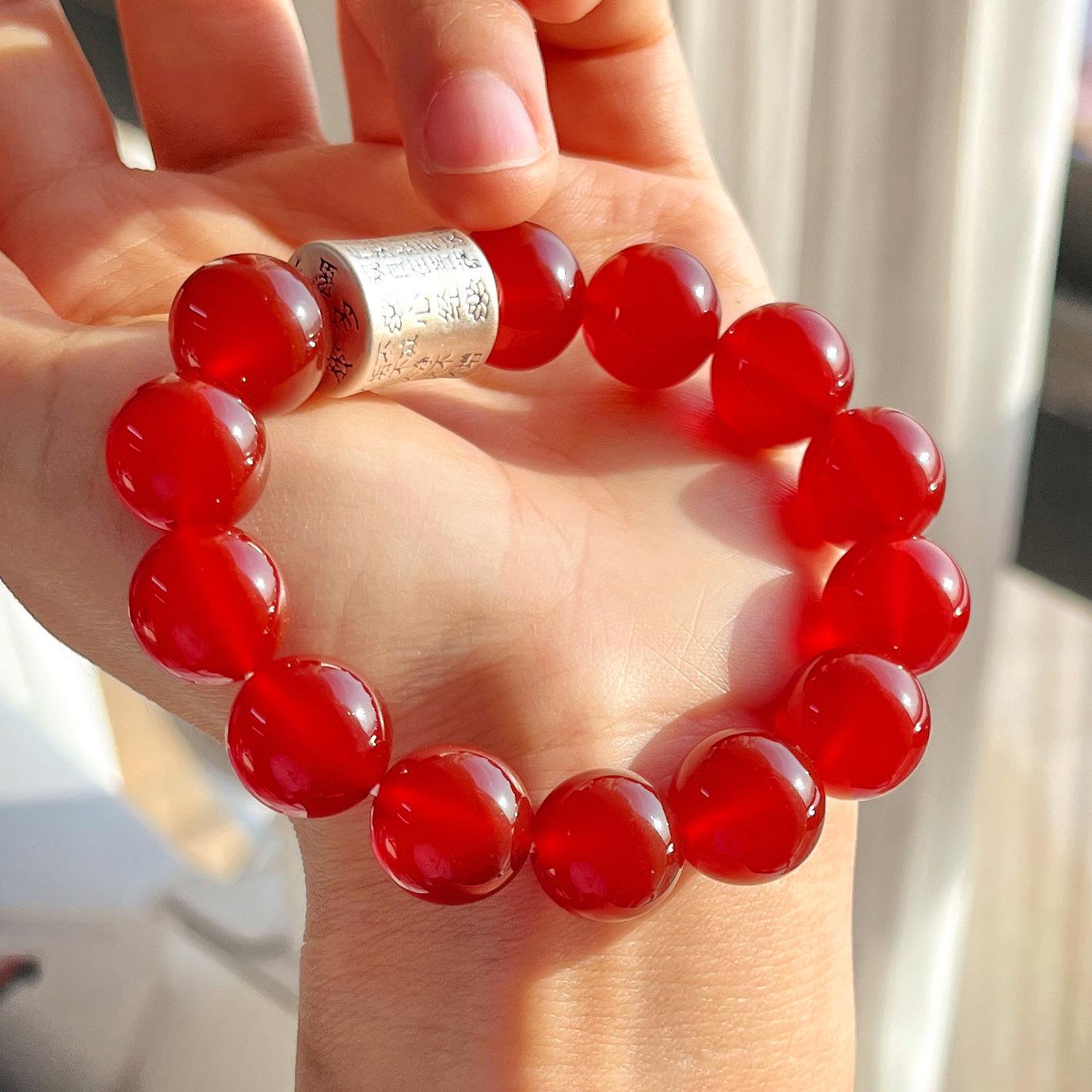 925 Silver Large Particles 14Mm High Quality Pigeon Blood Red Natural Chalcedony Agate Bracelet Bracelet