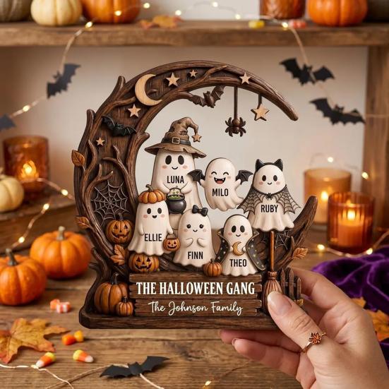 Living Room Wall Art Halloween Ghost Family Wooden Plaque, Pumpkin Couple Tabletop Sign, Indoor Hanging Signs Farmhouse Home Ornament for Tiered Tray