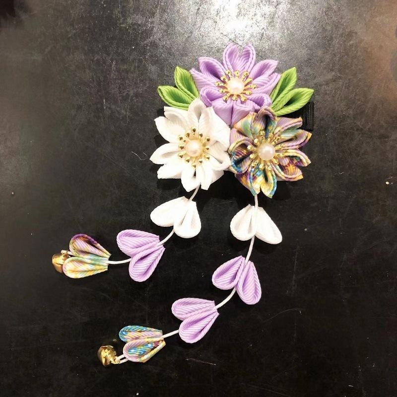 Handmade Flower Hair Clip Ancient Style Cloth Material Japanese Kimono Headwear Flower Design Sweet Tassel