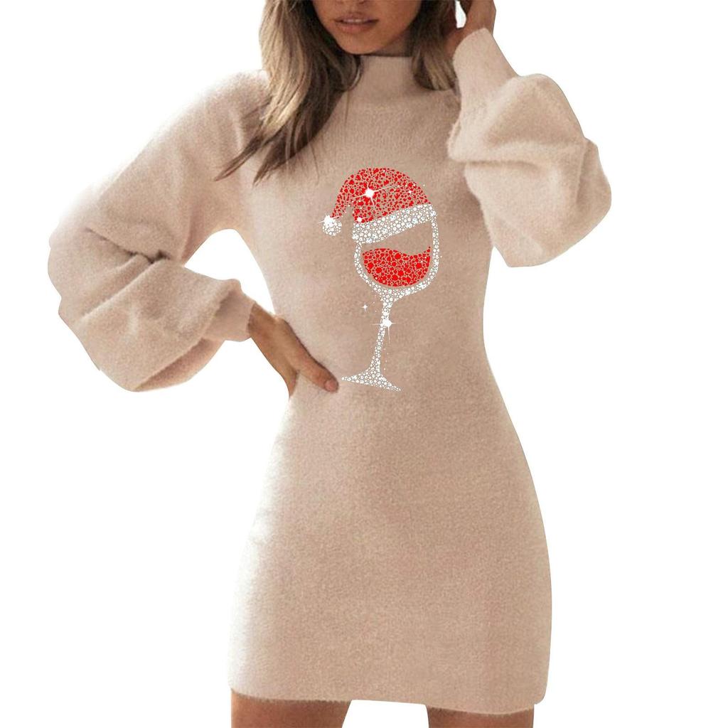 2023 Winter Christmas Print Slim Lantern Sleeve Dress