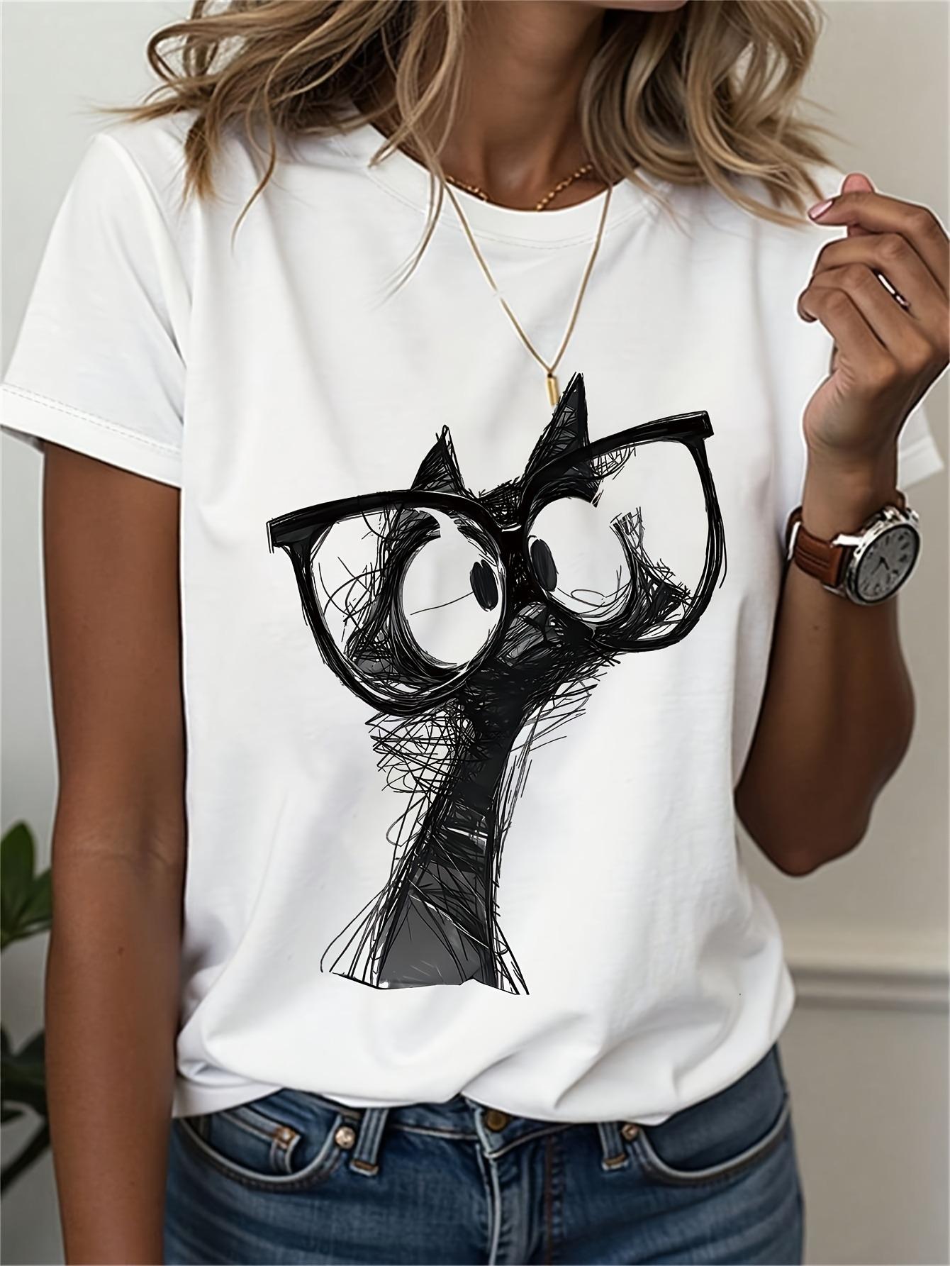 Single Women S T-Shirt, Featuring a White Cat Face Design with Glasses And Abstract Line Art, in a Minimalist Black And White Style. This Casual Short S
