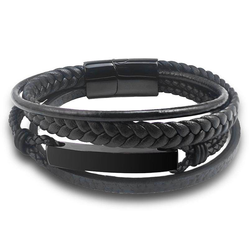 

MingAo Free Custom Luxury Black Stainless Steel Family Name ID Bracelets for Men,Braided Leather Rope Chain Wristband Jewelry 18.5cm