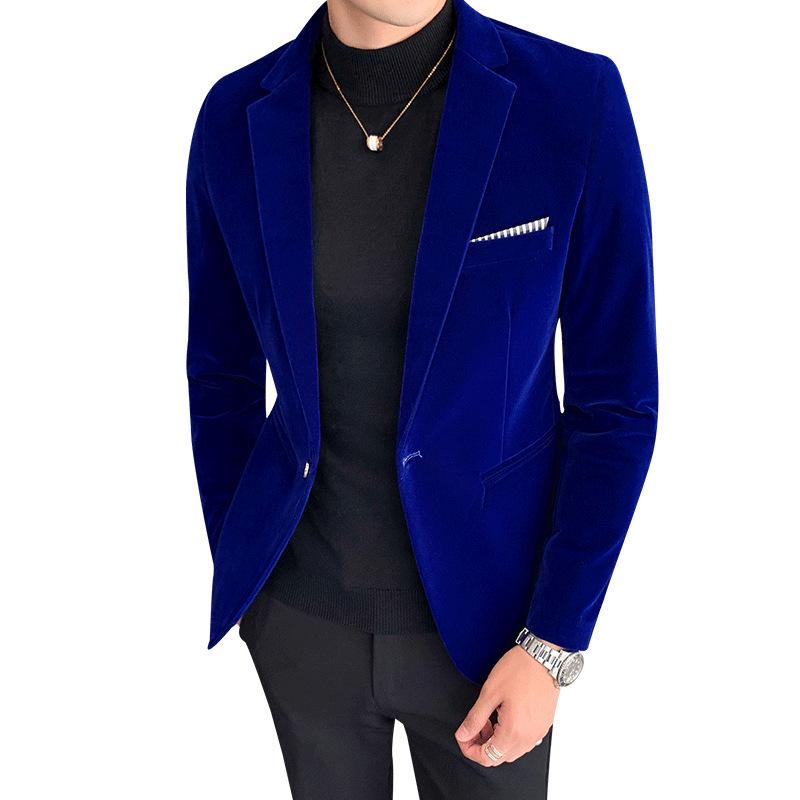 Blazer de Terciopelo Casual de Otoño para Hombre: Estilo Peluquería de Caballero Monocruzado