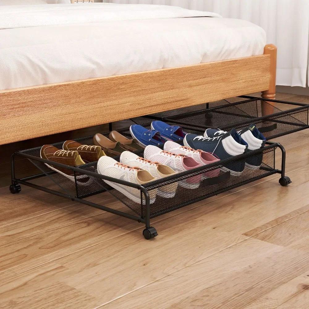 Convenient Underbed Shoe Rack with Pulley Storage Shoes Shelves Multifunction Household Bedroom Carbon Steel Mesh Storage Boxs