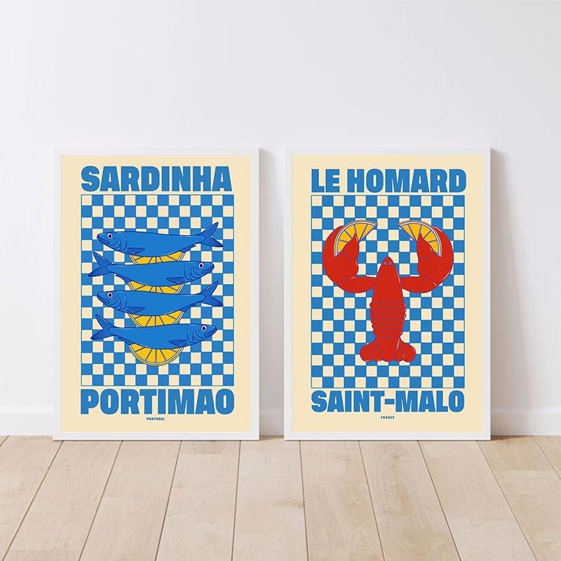 Pyszne Jedzenie Nigirizushi Krewetka Sardynka Plakat Obraz na Płótnie Zwierzę Morskie Skandynawska Sztuka Ścienna Do Kuchni Pokoju Dekoracja Domu