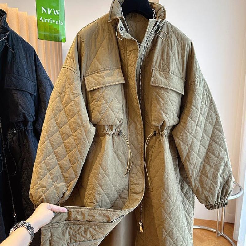 

Новая свободная повседневная хлопковая одежда средней длины с кулиской на талии, зимнее тренч-пальто, куртка с подкладкой, женская 2XL хаки