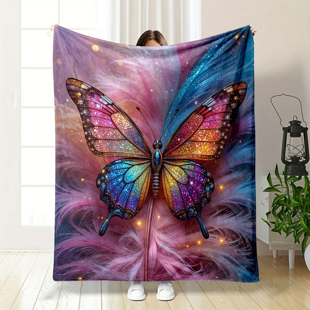 Colorful Butterfly with Sparkling Wings Patterned blanket, flannel, suitable for all seasons, home decor, warm and cozy