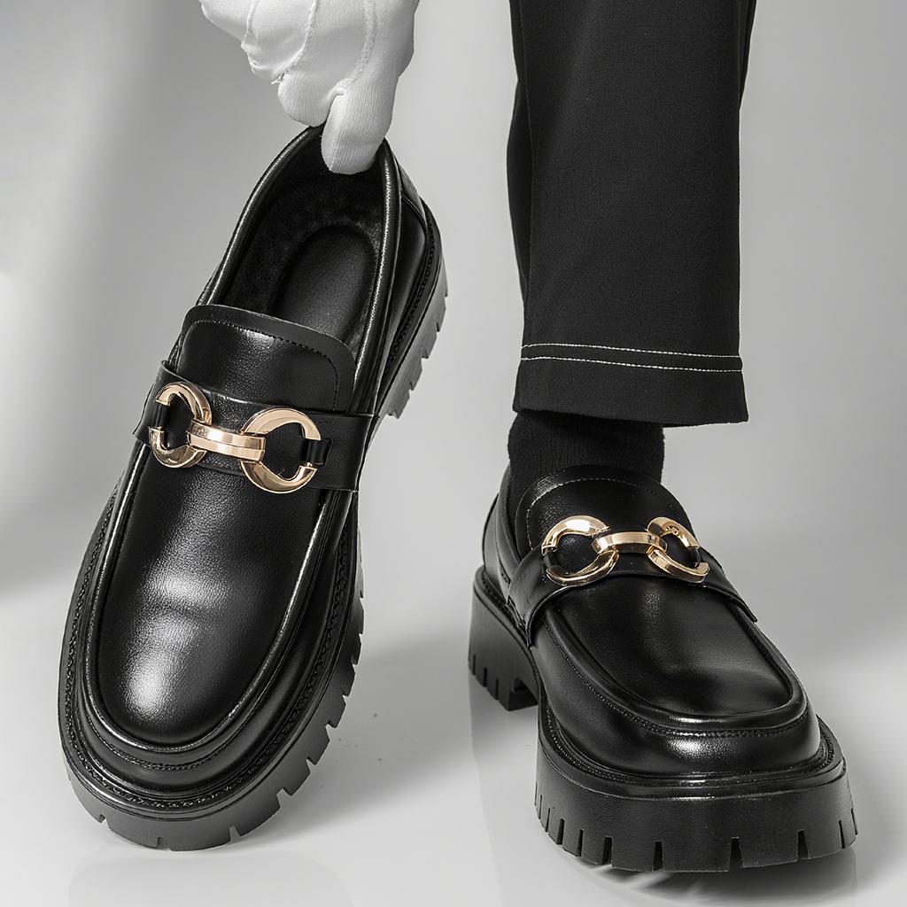 Fashion Classic Thick Sole Men's Penny Loafers Slip-On Business Dress Shoes for Gentleman Metal Buckle Formal Black Glossy Shoes