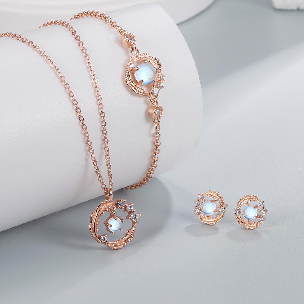 Moonstone Feather Your Accompanying Necklace Earrings Bracelet Set Female Style Feather Earrings Premium Romantic Bracelet