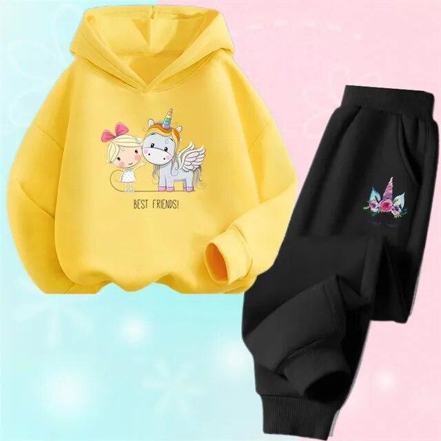 Cartoon Einhorn Pony Kapuzen Baumwollanzug für Mädchen Hoodies und Hosen zweiteilige Outfits Frühling Herbst Sportkleidung 3-14 Jahre
