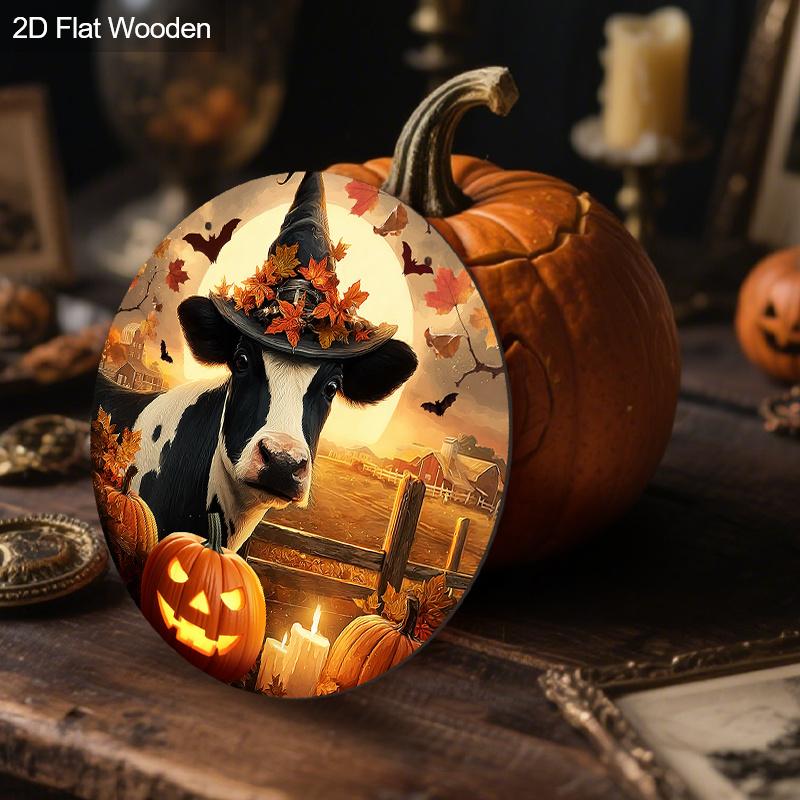 Wooden Halloween Sign with Cow & Pumpkin Pattern - Unique Figurine Ornaments - Ideal for Front Door, Farm, Porch Decor