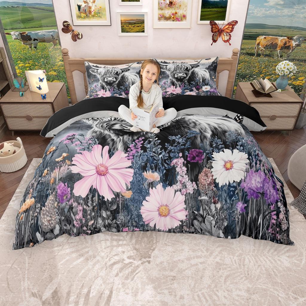 Homewish Rustic Highland Cow Duvet Cover Set, Farm Animal Bedding Set, Farmhouse Lodge Cabin Comforter Cover Set