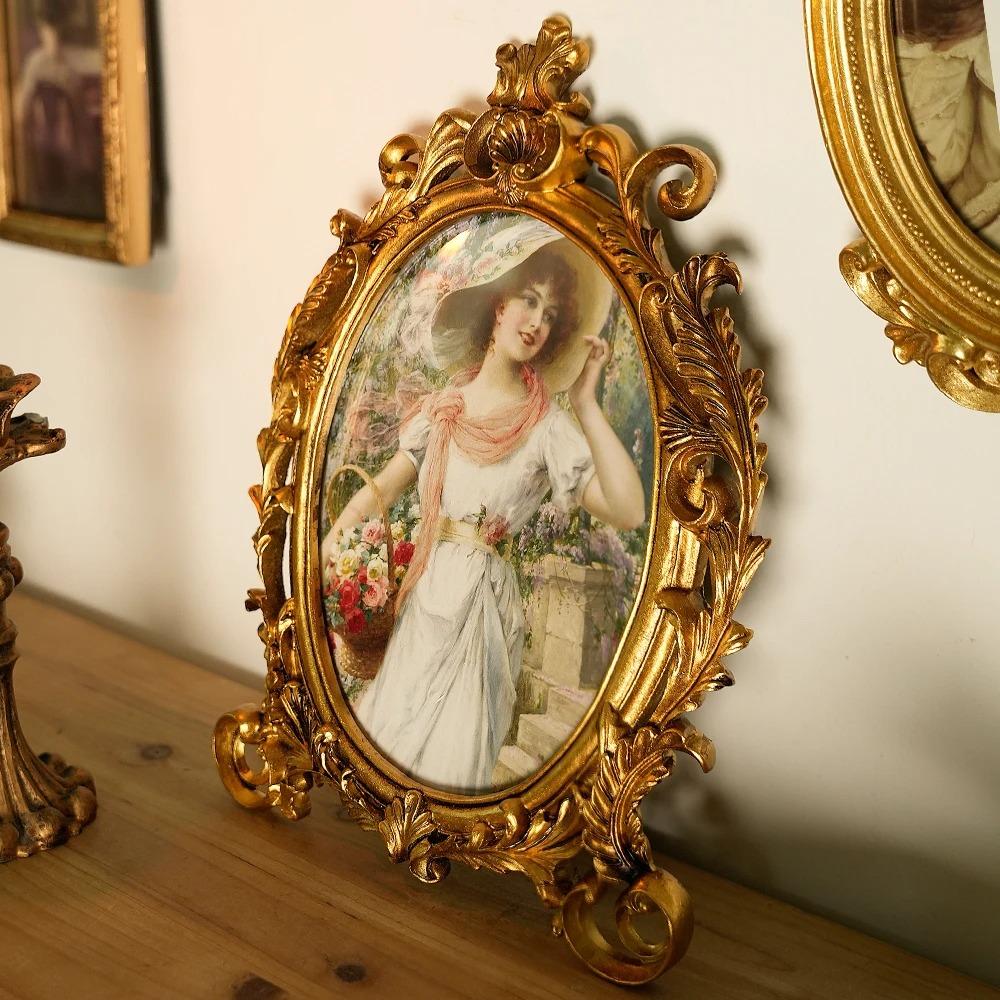Gold Vintage Picture Frame European Antique Style Home Office Decor Desk Photo Frame for Wall Mounting Tabletop Wedding Display