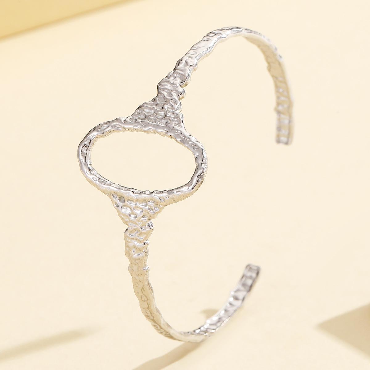 Retro Hollow Geometric Oval Stainless Steel Women s Hammered Open Bangle Bracelet