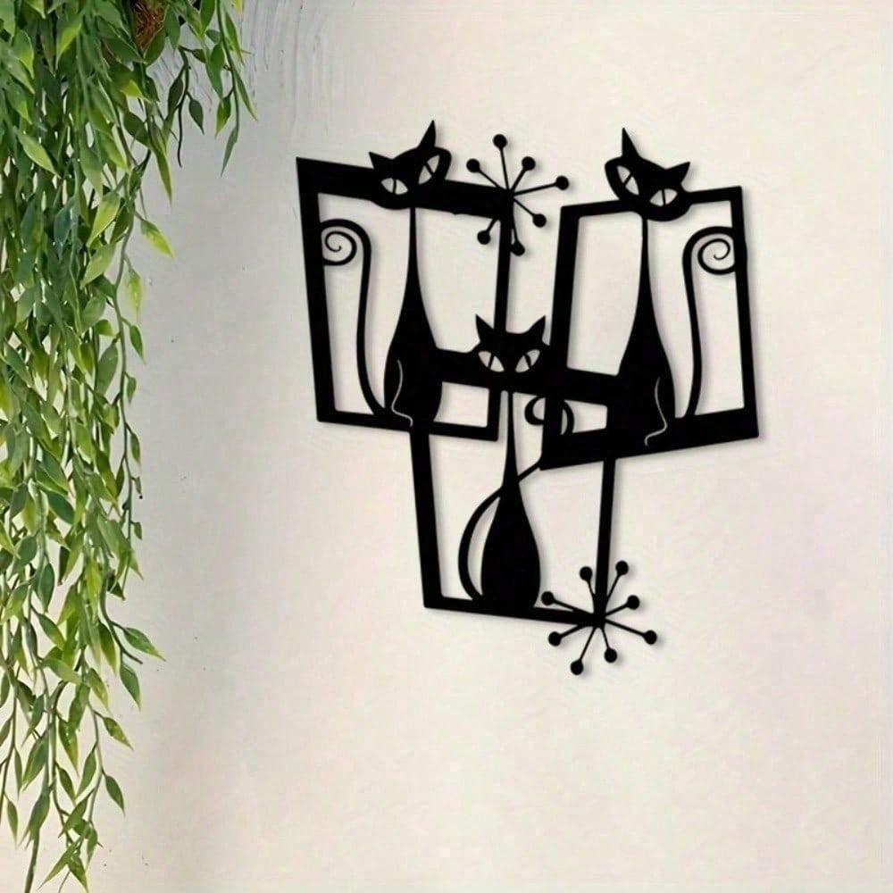 Metal Black Cat Wall Art Abstract Iron Sculpture Vintage Home Garden Decor
