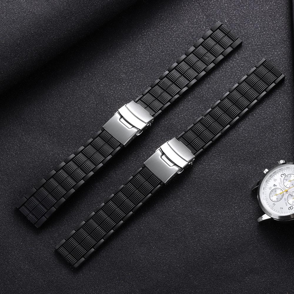 Silicone Soft Watchband Watch Strap 20mm 22mm Sports Waterproof Folding Safety Buckle Soft Silicone Strap Watch Accessories