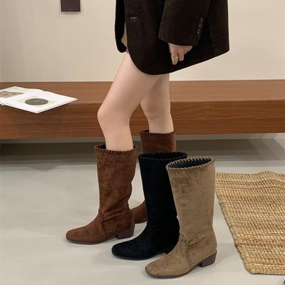 Frosted High Boots Women's Single Boots Western Boots Autumn New Retro Pointed Low Heel Pile Boots Women