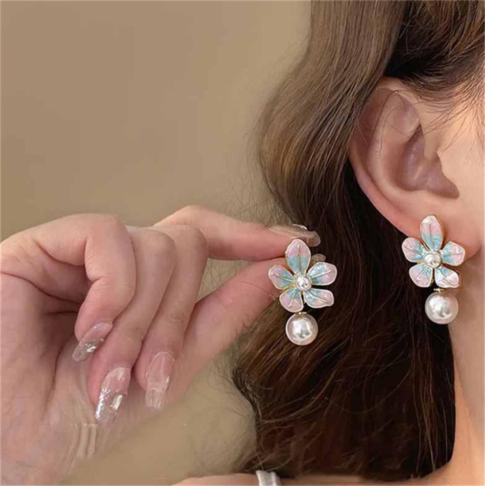 Enamel Big Flower Imitation Pearl Korean Design Drop Earrings Exaggerated Wedding Party Jewelry Accessories