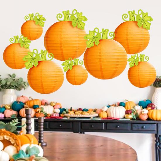 Halloween Pumpkin Lantern Hanging Orange Pumpkin Paper Round Lantern for Harvest Fall