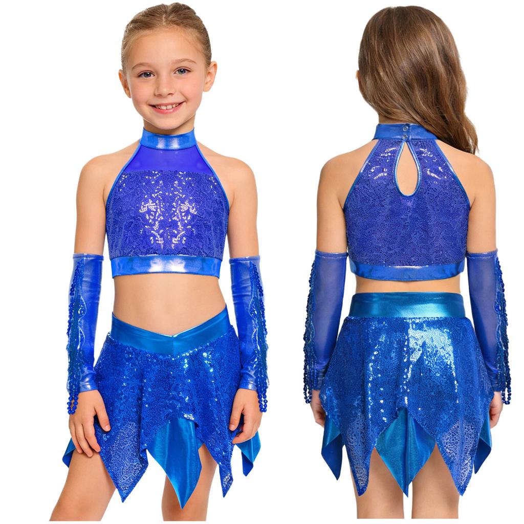 Kids Girls Jazz Dance Performance Outfit Sleeveless Keyhole Back Sparkly Sequins Crop Top with Asymmetric Metallic Skirt and Sequined Tassels Gloves