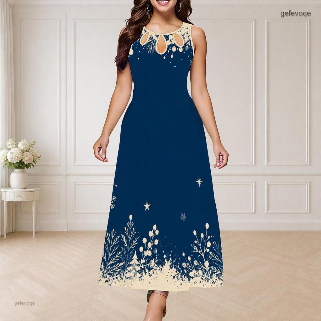 Women Plus Size Round Neck Triple Keyhole Cutout Sleeveless Abstract Printed Long Dress