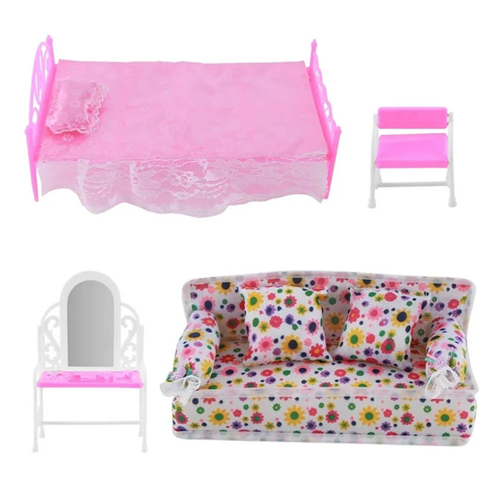 1 Set Mini Puppensofa Plüsch Stoffmöbel Blume Spielzeug Kissen Baby Couch Druck Spielzeug Zubehör R3J4