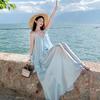 French Fairy Three-dimensional Flower Lotus Leaf Edge Blue Suspender Dress Women's Summer Vacation Pendulum Dress Set