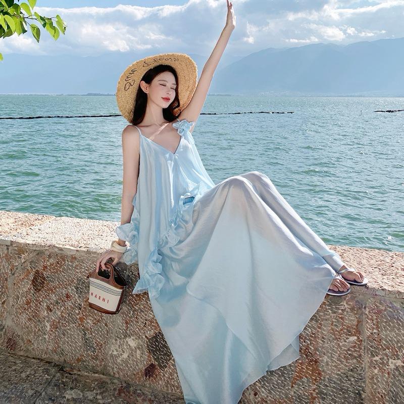 French Fairy Three-dimensional Flower Lotus Leaf Edge Blue Suspender Dress Women's Summer Vacation Pendulum Dress Set