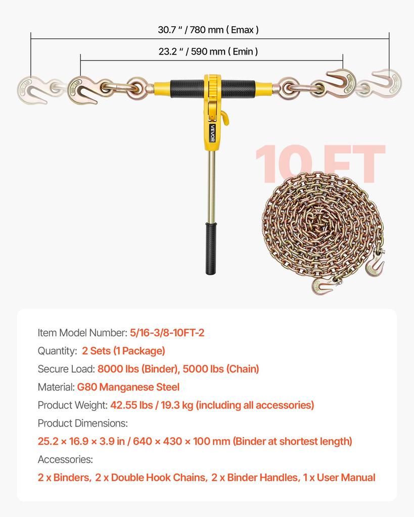 VEVOR Ratchet Chain Binder, 8 Mm X 3 M G80 Chains, 3629 Kg Working Load of Ratchet Load Binder, Chains and Binders Set