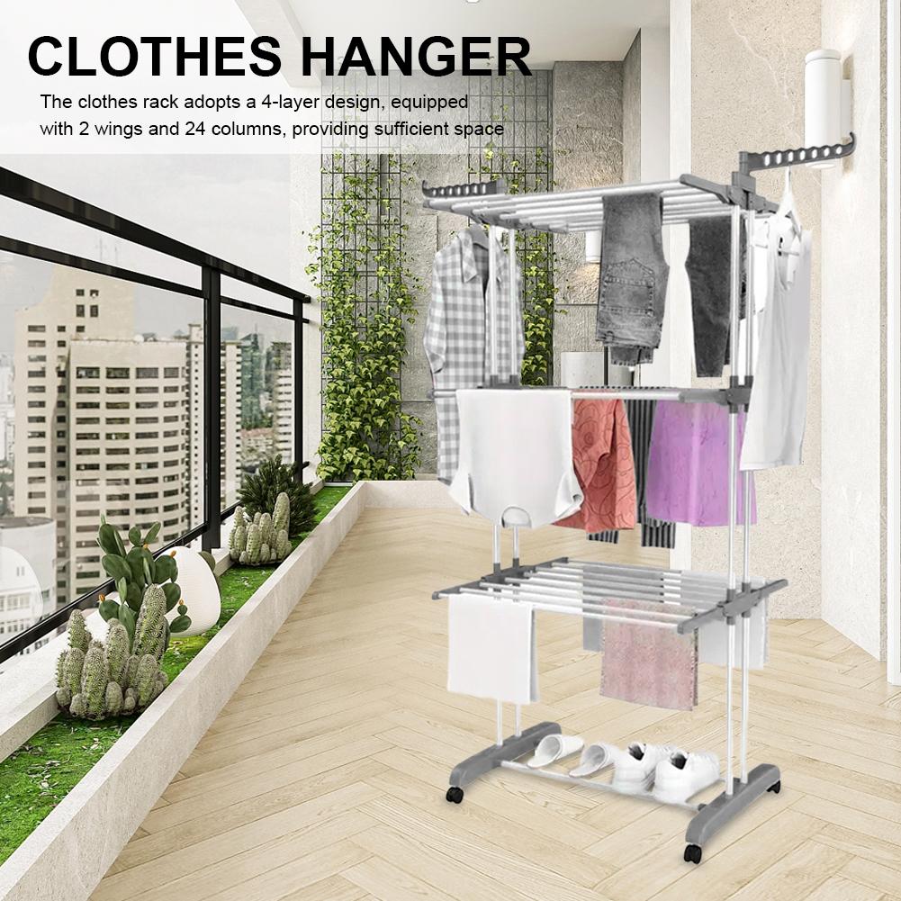 4-Tier Folding Drying Rack Clothes Rail Storage Rack with 4 Castors W/ 4 Drying Poles and Two Side Wings for Clothing Bed Linen