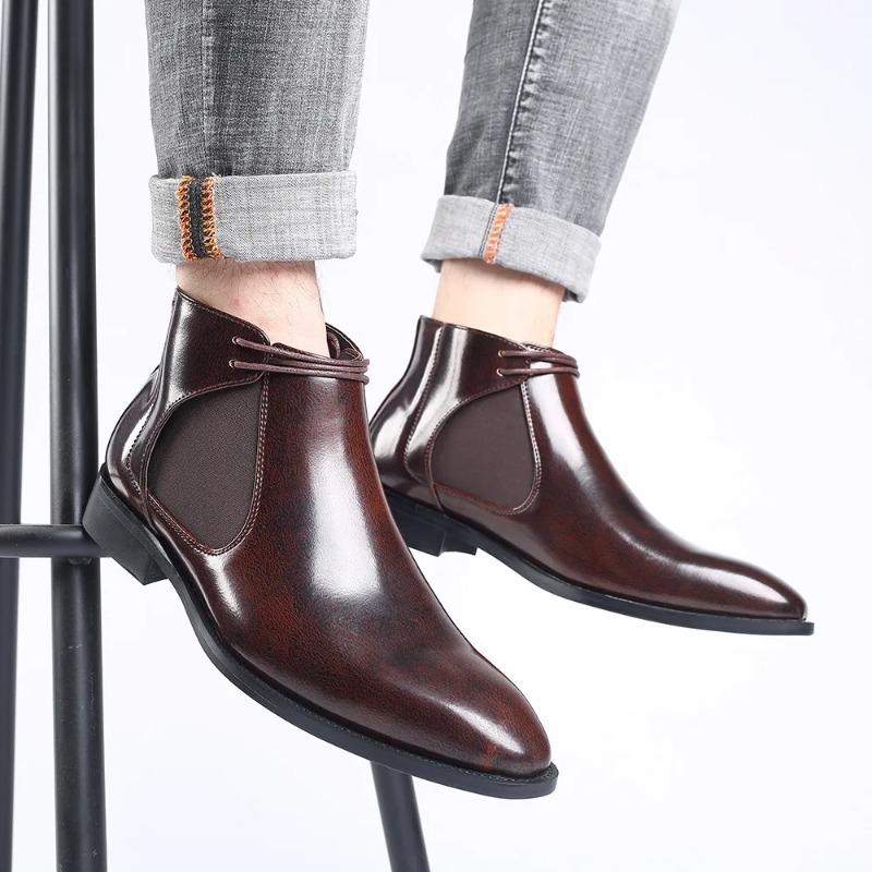 Brand Men's Boots Fashion Pointed Business Boots High Quality Patent Leather Ankle Booties Men Chelsea Boots Dress Leather Botas