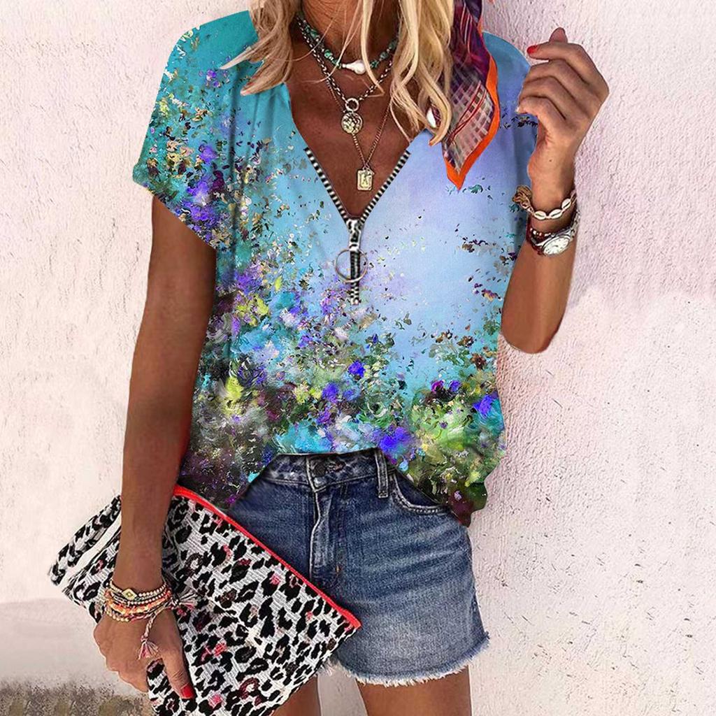 Women's Top Summer New Fashion Rose Flower Rendering Flowers Printed Casual Zipper V-neck Short Sleeve Top