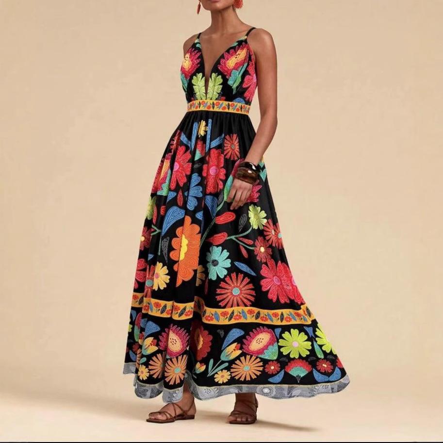 Women's V Neck Sleeveless A Line Dress Slim Fit Mid Rise Boho Floral Print Spaghetti Strap Maxi Dress