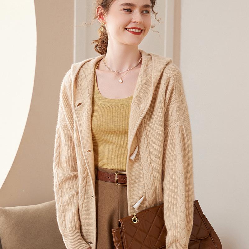 Women's Versatile Korean Style Pure Wool Hooded Cardigan Cashmere Knit Outerwear Sweater