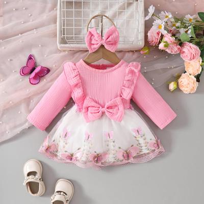Combinaison-robe en maille à manches longues 'Butterfly Sweet' avec bandeau pour bébés filles