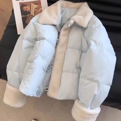 Cappotto Imbottito Dolce Patchwork Agnello Blu Inverno Spesso Corto Largo Giacca a Pane