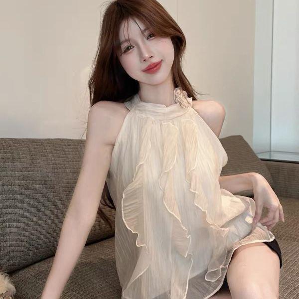 Women s 3D Floral Off-Shoulder Halter Tank Top - Summer 2026 Chic Small абрикосовый